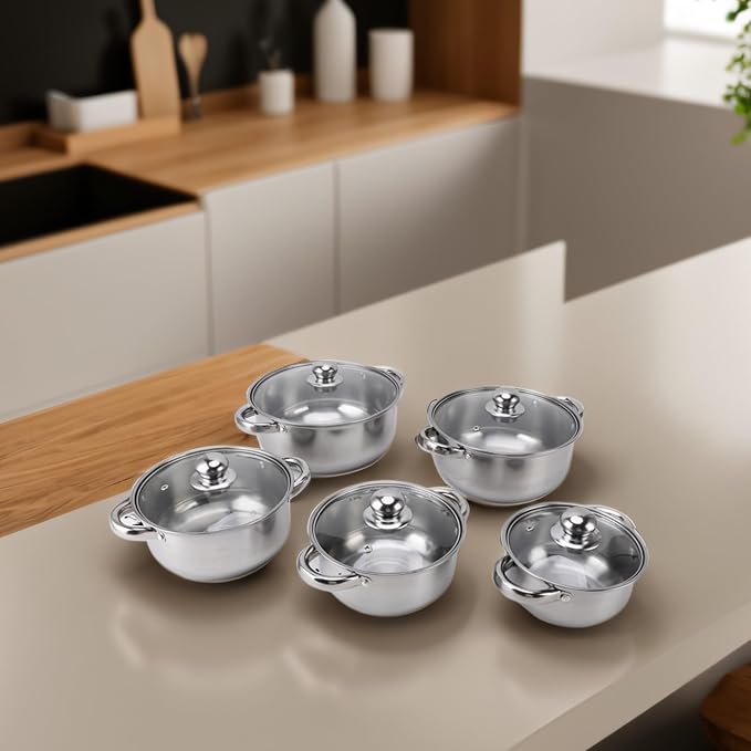 5pcs Pots Kitchen Cookware Set 6.3-9.4in Stainless Steel Saucepan with Glass Lid 2 Handle Non Stick Stockpot Soup Pot for Cooking Dishwasher Safe Induction