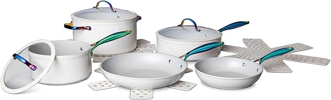 12-Piece Non-Stick Aluminum Cookware Set with Induction Base Oven Safe Black Finish (Cream &amp Rainbow)