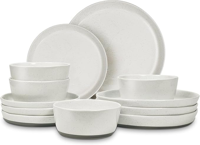 Ceramic Dinnerware Sets12 Pieces Plates and Bowls SetsPorcelain Kitchen Dinner Set for 4Scratch Resistant Stoneware Dish SetRustic Terracotta UndersideDishwasher&ampMicrowave Safeoff white