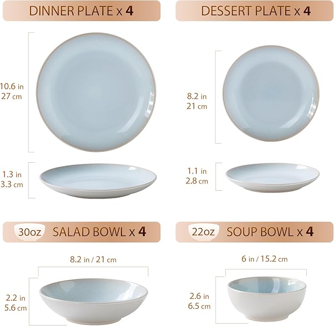 Plates and Bowls Sets for 4 - CJDC-QUELO 16-Piece Stoneware Dinnerware Sets Ceramic Dishware Set for Kitchen Use and Formal Dining Chip and Scratch Resistant Microwave Dishwasher Safe Off White