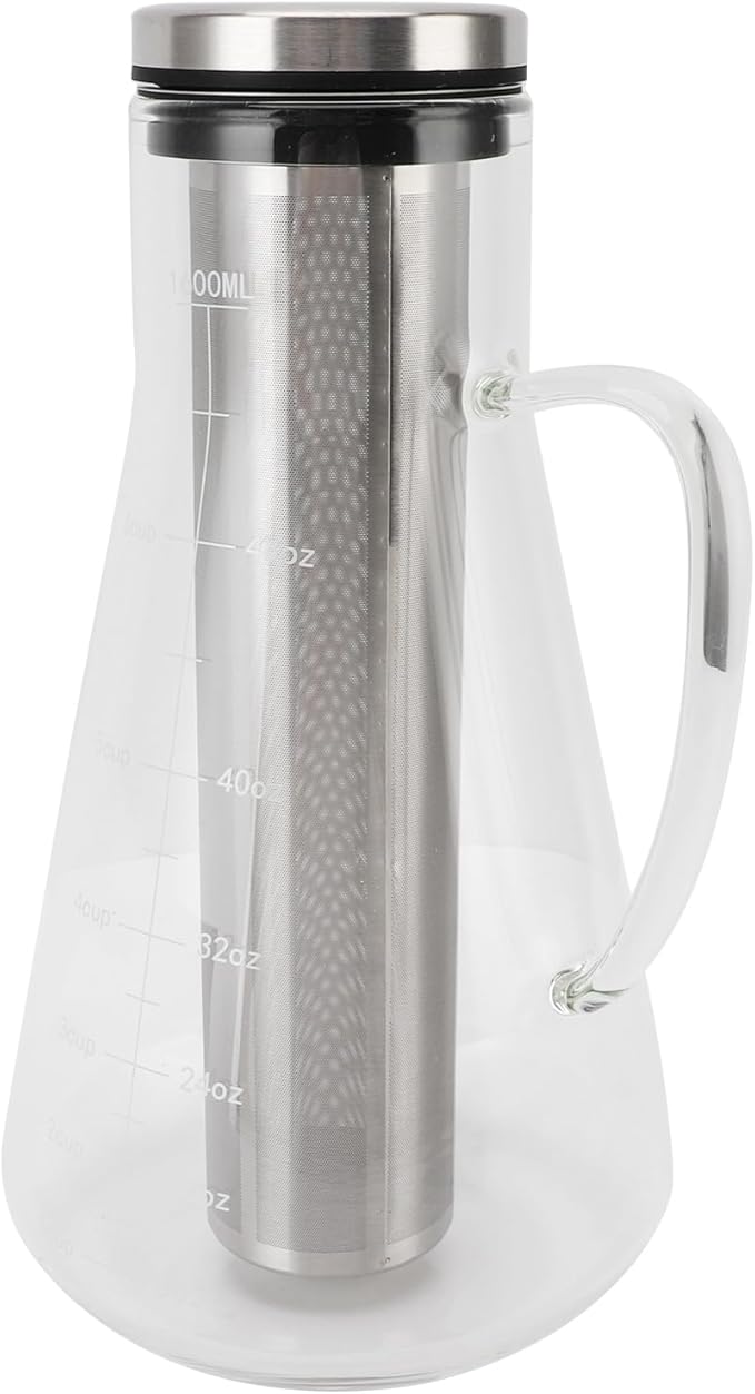 Cold Brew Coffee Maker 1600ML Temperature Resistance -20℃ to 130℃ Cold Brew Pitcher Heavy Duty Glass Maker with 304 Stainless Steel Filter and Food Grade Silicone