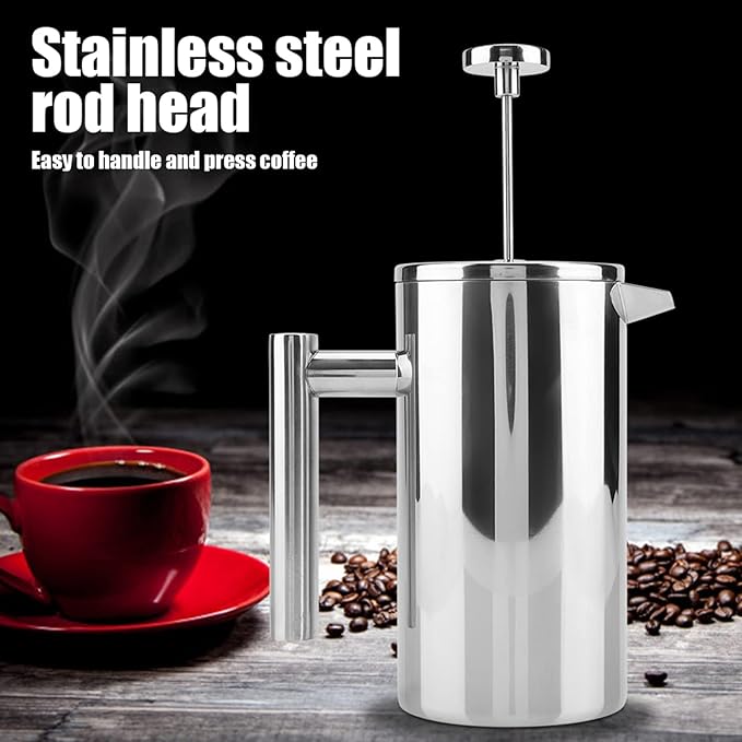 Stainless Steel Coffee Maker French Press Tea Pot with Filter Double Walled Insulation Kitchen Addition Pouring Office Home Silver (800ML)