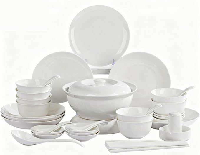 White Ceramic Dinnerware Set: Plates &amp Bowls for Kitchen Microwave &amp Dishwasher Safe Dishes Collection (46pcs)