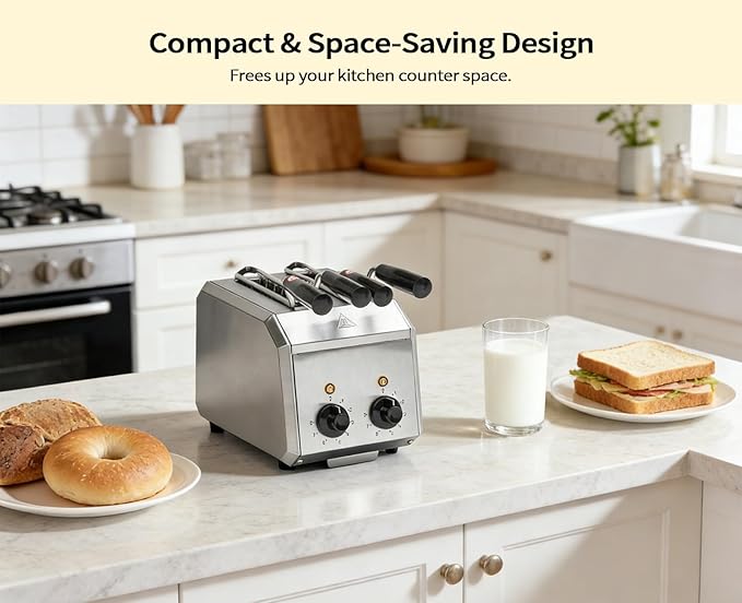 2 Slice ToasterStainless Steel Toaster with 2 Slice Wide Slot 600W per Slot for Energy Efficiency with SUS 304 Tongs 8 Minutes Timer Removable Crumb Tray For Home and Commercial Use