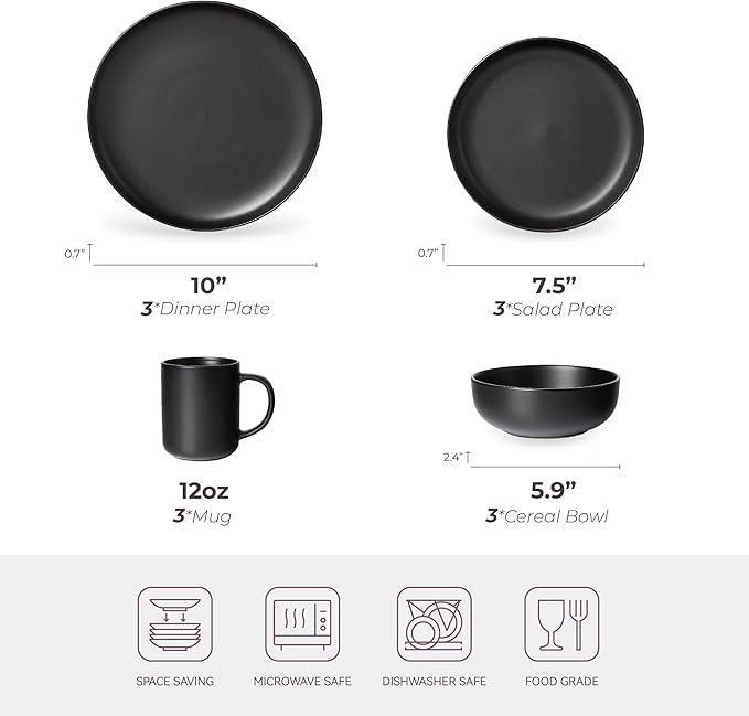 12-Piece Stoneware Dinnerware Set with Mugs | Microwave and Dishwasher Friendly | Stackable Matte Glaze Plates &amp Bowls | Service for 3 (Black for 3)