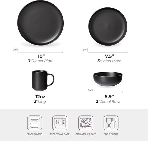 12-Piece Stoneware Dinnerware Set with Mugs | Microwave and Dishwasher Friendly | Stackable Matte Glaze Plates &amp Bowls | Service for 3 (Black for 3)