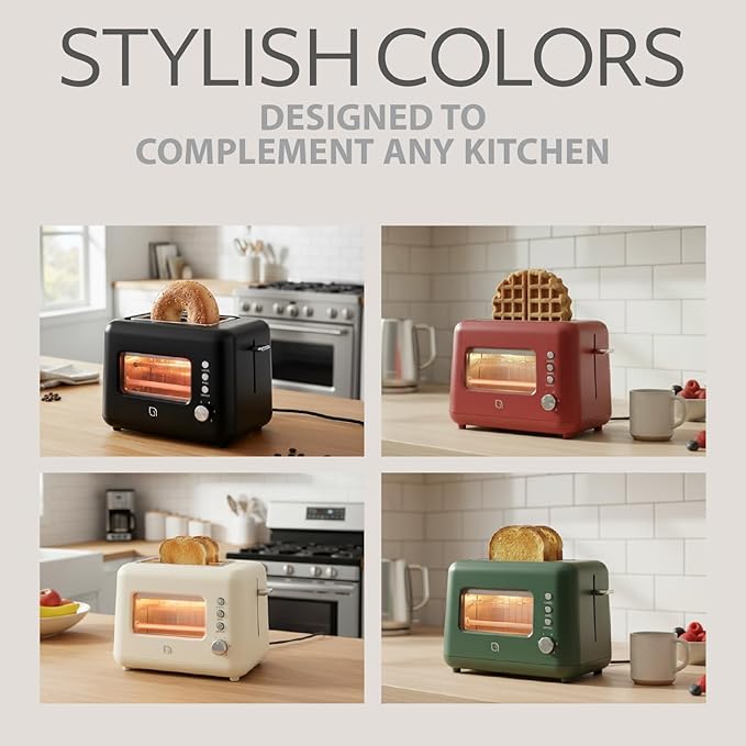 WILLOW Eco Series 2 Slice Toaster with Clear-View Window 6 Shade Settings 900W Retro Toaster with Extra Wide Slots + Bagel Cancel &amp Defrost Buttons 2 Slice Toasters w Crumb Tray for Easy Clea