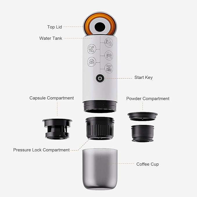 ciciglow Portable Coffee Machine Travel Cordless Automatic Coffee Maker with Capsule Compatible with Ground and Capsule for Outdoor Office Car 17 Bar Pressure System