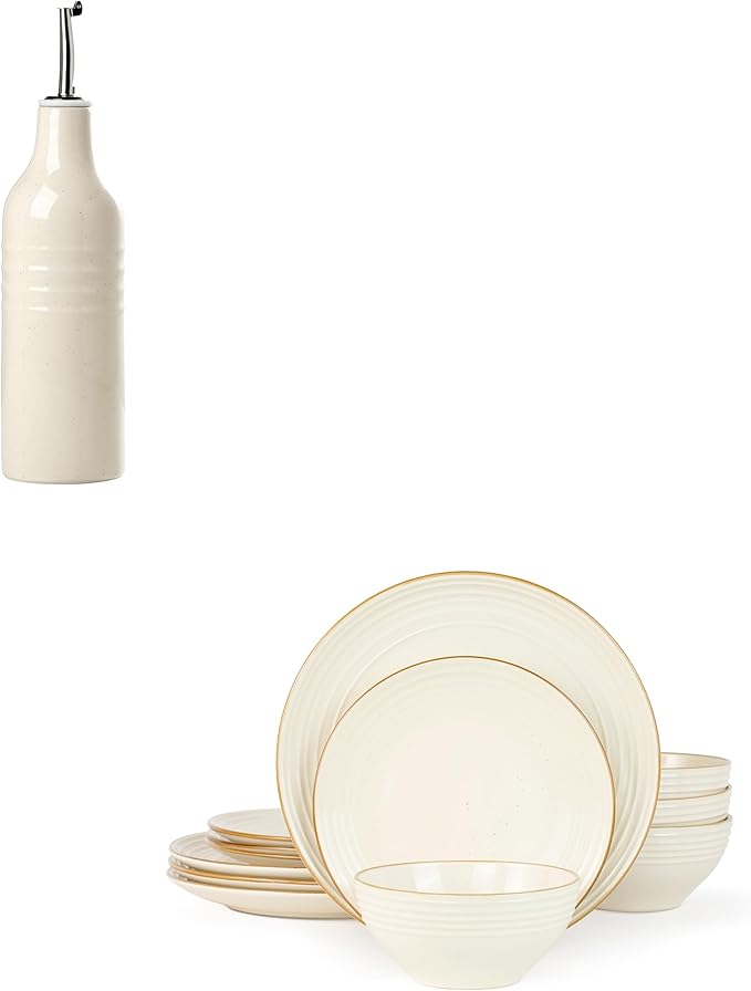 Jupiter 12 Pieces Dishes Set and 1 Piece 16 oz Oil Dispenser for Kitchen Vanilla White