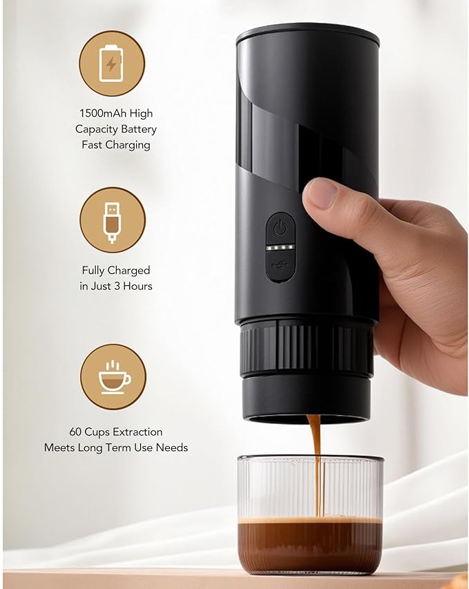 Diydeg Portable Coffee Maker Rechargeable Capsule Travel Coffee Maker Compatible with Ground Dual Mode Extraction Electric Espresso Machine for Outdoor Car RV Camping Hiking Office