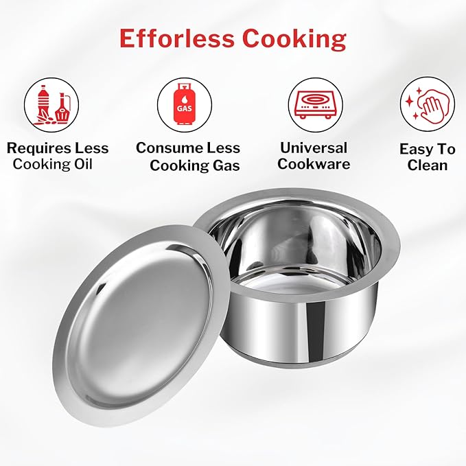 Vinod Stainless Steel 3 pc Pot Set with Capacity of 1.4 litres 1.8 litres &amp 2.2 litres with Stainless Steel Lids (Gas Stove and Induction Friendly) - Silver