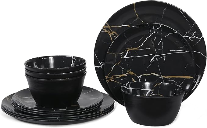 Melamine Dinnerware Set - 12pcs Plates and Bowls Sets Best for Indoor and Outdoor Party BPA-Free Dishwasher Safe Kitchen Dinner Set with Black Marble Pattern