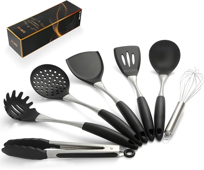 Premium Black Silicone Cooking Utensils Set - Non-Toxic Heat Resistant&amp Non-Stick Kitchen Utensils Set with Spatula Spoon Whisk Tongs BPA Free Dishwasher Safe Black