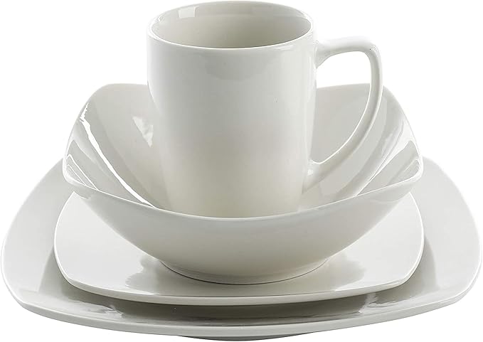 Gibson Home 102539.16RM Classic Porcelain Zen Buffet 16 Piece Square Dinnerware Set with Multi Sized Plates Bowls and Mugs White (2 Pack)