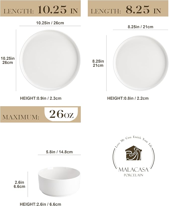 MALACASA 24 Pieces Porcelain Dinnerware Set Bundles 56 OZ White Pasta Bowls Set of 4