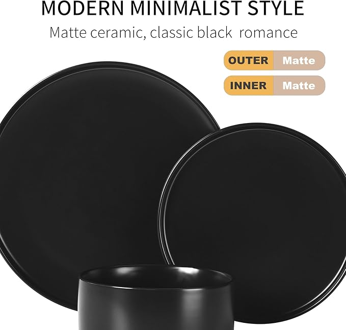 GZG Classic Series - Plates and Bowls Set for 4 12 Piece Stoneware Dinnerware Sets Microwave and Dishwasher Safe Lead-Free Handcrafted Ceramic Dishes Set - Matte Black