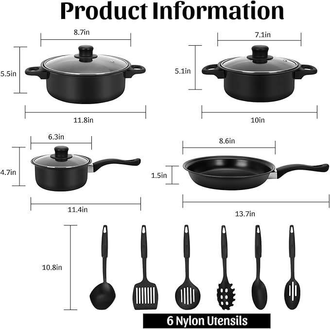 Non-Stick Cookware Set 13 Piece Set Portable Lightweight Cast Iron Pots and Pans with Glass Lids and Nylon Utensils for Outdoor Camping Picnic Travel Cookware Black