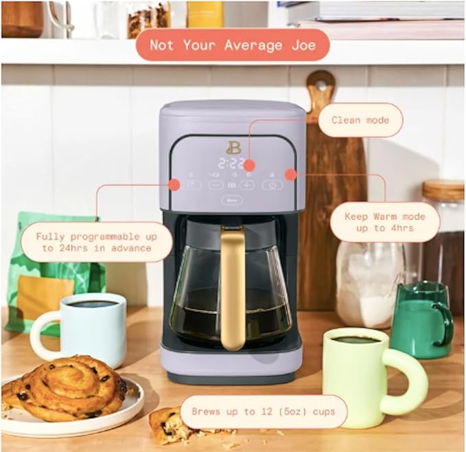 12-Cup Programmable Coffee Maker with Touch Display – 24-Hour Auto Brew Bold Strength Control Glass Carafe Reusable Filter Auto Shut-Off ~ Lavender