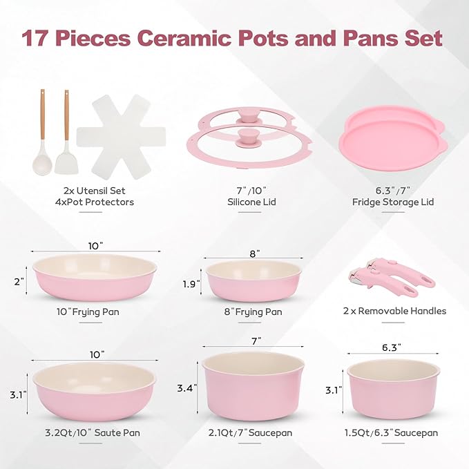 17 Piece Ceramic Pots and Pans Set Non Stick Cookware Set with Detachable Handle Dishwasher/Oven Safe Induction Ready Stackable RV Kitchen Cooking Set Removable Handles Pots Protectors Pink