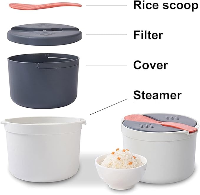 Microwave Rice Cooker 2-Layer Microwave Vegetable Steamer Non-stick 2L Rice Steamer &amp Pasta Cooker With Strainer Dishwasher Safe Microwave Steamer For Pasta Potatoes Vegetables(Orange)