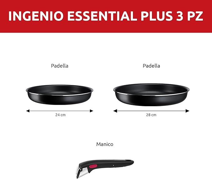 Lagostina Ingenio Essential Plus Non-Stick Aluminium Cookware and Pan Set for Gas and Oven 3 Pieces Frying Pans Ø 24 and 28 cm and Removable Handle