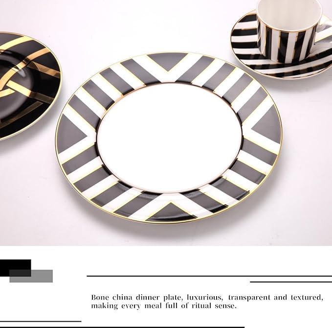 8 Piece Bone China Dinnerware Set Black - White Gold Geometric dishes set with Coffee Cup Oven &amp Dishwasher Compatible