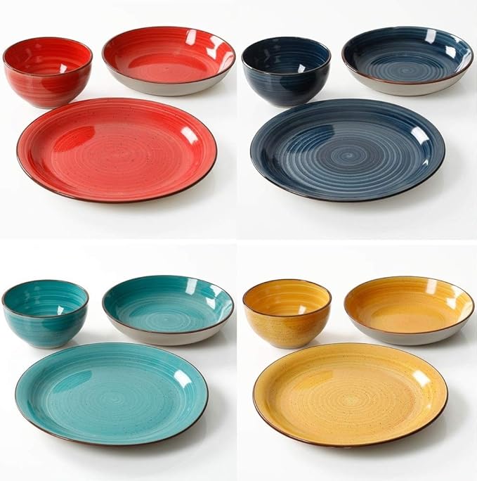 12 Piece Mix and Match Double Bowl Stoneware Dinnerware Set Modern Swirl Design Dishwasher Microwave Safe Multi Colored Yellow Red Blue Dinnerware Set Dinner Plates Salad &amp Cereal Bowls Set