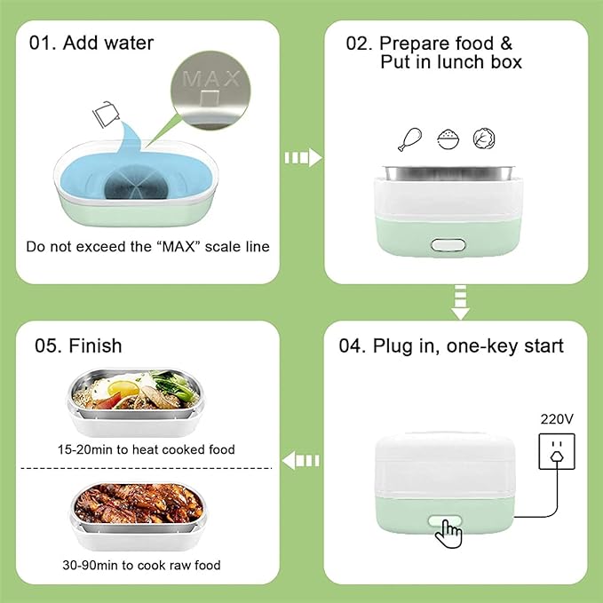 Automatic Cooking Electric Lunch BoxPortable Cooking Steam Lunch Box 1.2L Food Grade Mini Rice Cooker with 2 Stainless Steel Containers Suitable for Office and School 110V 350WPink (Green)