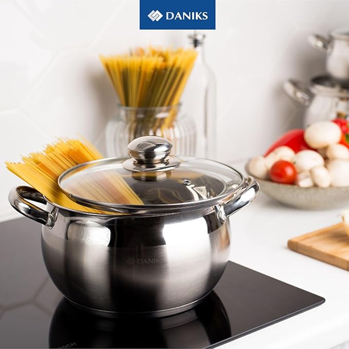 Daniks Classic 4 Quart Stainless Steel Stock Pot with Glass Lid Tri-Ply Bottom for Even Heating Induction Compatible Dishwasher Safe