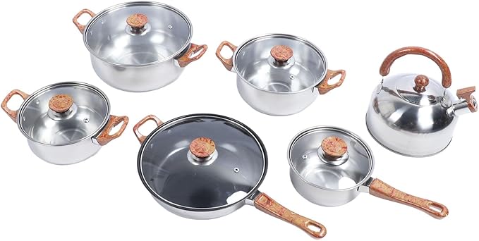 3-Piece Stainless Steel Cookware Set Wood Grain Design Kitchen Pots and Pans Multifunctional 7-Piece Cooking Set for Family Use Kettle Design Enhance Cooking Experience with