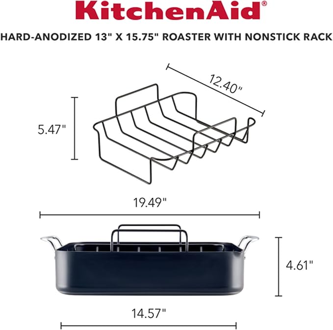 KitchenAid Hard Anodized Roasting Pan/Roaster with Removable Rack 13 Inch x 15.75 Inch - Matte Black
