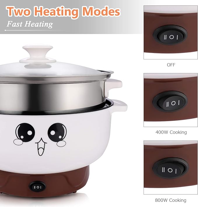 Electric Skillet 4-in-1 Multifunctional Electric Cooker Skillet Grill Pot for Cooking Rice Hotpot Soup Steam Eggs Fried Noodles Small Kitchen Cooker Non-Stick (3.2L with Steamer)