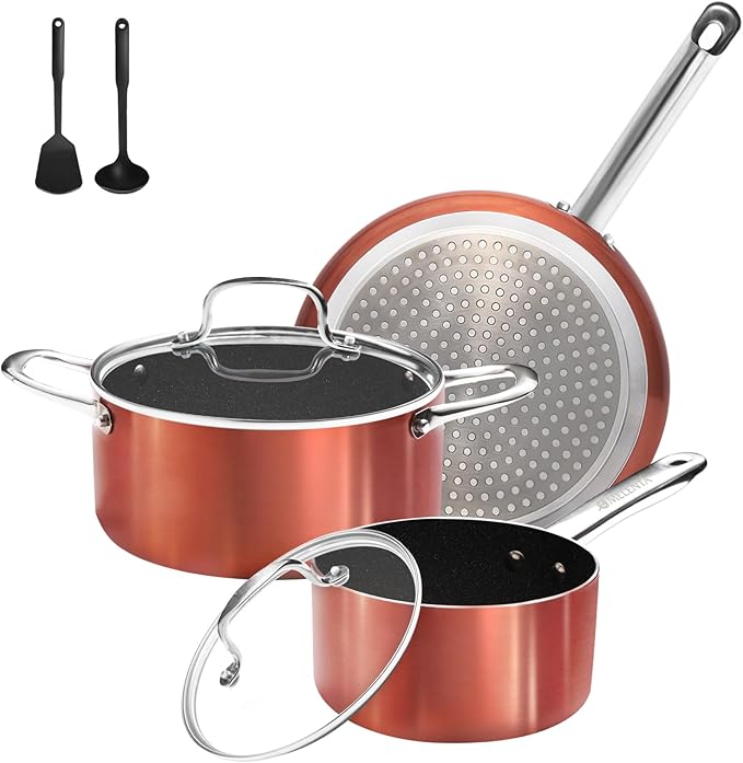 Pots and Pans Set Non Stick 7 Piece Ceramic Cookware Set Non Toxic Kitchen Induction Cookware Sets Pots and Pans Cooking Set with Oven Safe Handle 100% PFOA Free Copper