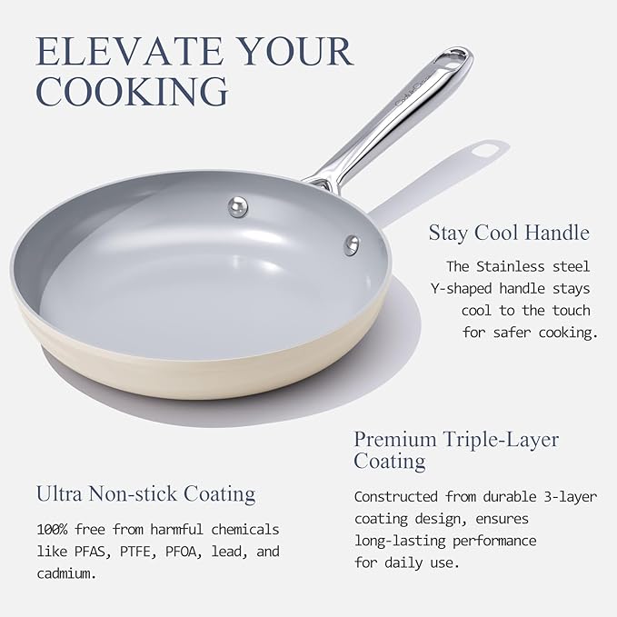 Ceramic Nonstick Cookware Set 8 Fry Pan &amp 4.5qt Dutch Oven PFAS/PTFE/PFOA Free Even Heat Distribution All Cooktops Compatible Oven Safe to 500°F (Cream)