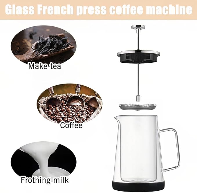 French Press Coffee Maker 34Oz - Double-Wall Insulated Borosilicate Glass - Ergonomic Handle - Coffee Gift - Tea &amp Coffee Press