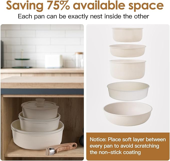 4-Piece Nonstick Cookware Set Including 7.5 8.3 10.6 Sauce Pans &amp Frying Pans Detachable Handles Silicone Lids Versatile for All Stovetops