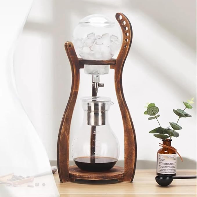 Wooden Support Drip Coffee Maker 800ML/27OZ Iced Coffee Brewer Maker with Stainless Steel Filter &amp Durable Glass Adjustable Water Flow Dripper 6-8 Cup Capacity Suit for Coffee Tea