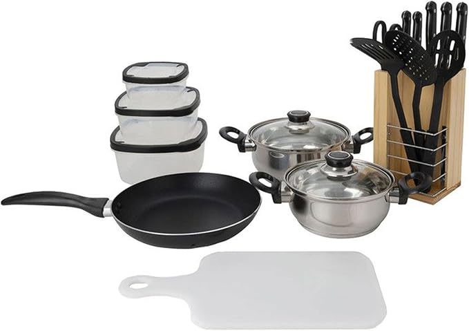 WELL HOME MOBILIARIO &amp DECORACIÓN 18 Piece Cookware Set (1 x Pan + 2 x Pots + 1 x Cutting Board + 1 x Scissors + 3 x Nylon Utensils + 4 x Tuppers + 1 x Wooden Block