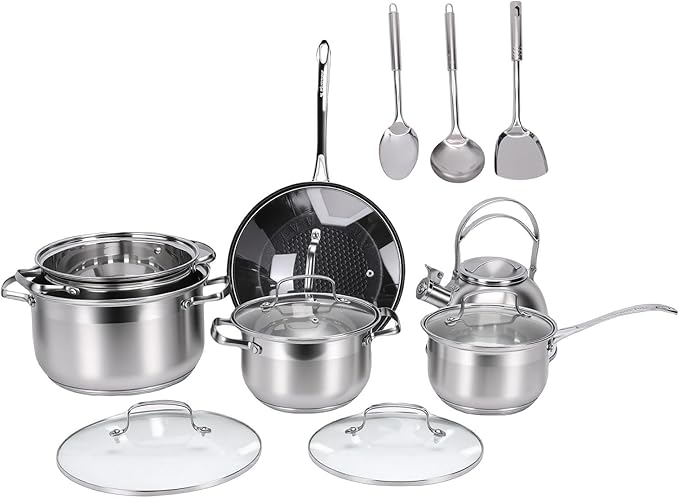 ANGGREK Stainless Steel Cookware Set Flat Bottom Pots with Kettle and Spatula for Induction Cooking and Home Chefs