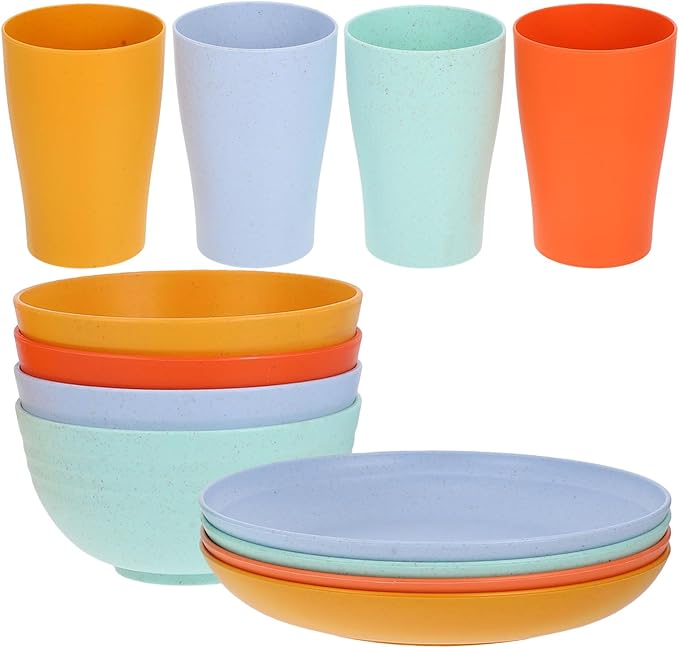 12pcs Dinnerware Set with Plates Bowls and Cups Made from Wheat Straw Microwave Safe Unbreakable Lightweight Tableware