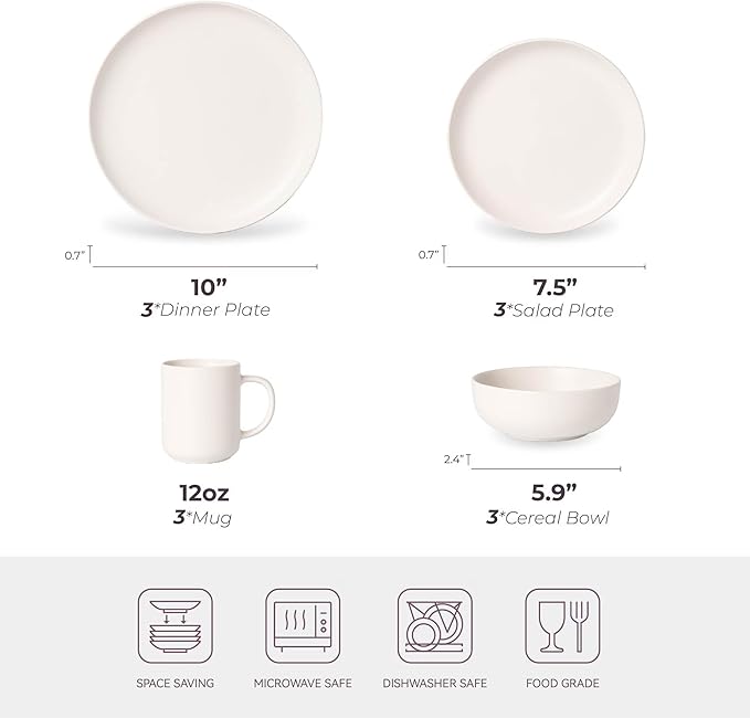 12-Piece Matte White Dinnerware SetStoneware Dinnerware for 3 Microwave &amp Dishwasher Safe Stackable Design for Kitchen and Dining - PlatesBowls and Mugs