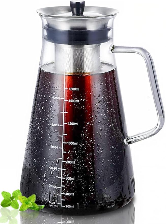 Aquach Airtight Cold Brew Coffee (Iced Tea) Maker 51oz/1.5L BPA-Free Durable Borosilicate Glass Pitcher and Stainless Steel Fine-Mesh Filter Dishwasher Safe Spill-proof 6 Cups Capacity