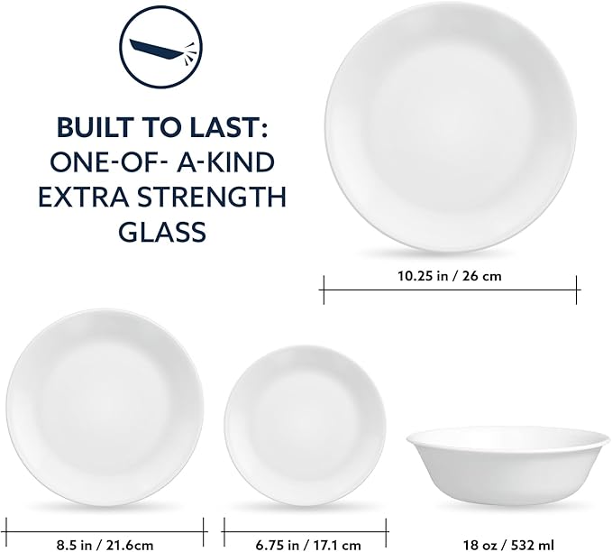 Corelle Vitrelle 8-Piece Service for 2 Dinnerware Set Triple Layer Glass and Chip Resistant Lightweight Round Plates and Bowls Set Winter Frost White