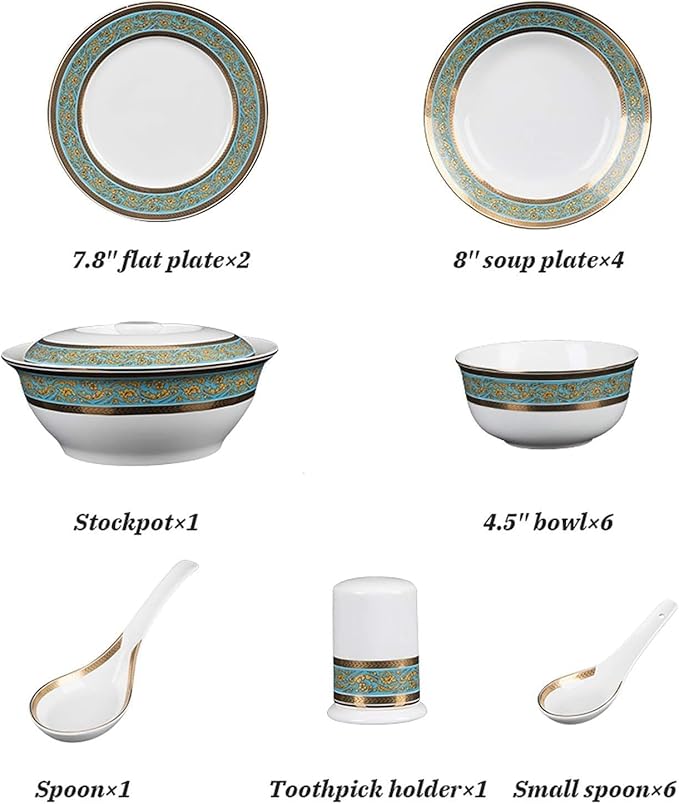 Dinnerware Set Plates and Bowls Sets 22 Pieces Porcelain Dinnerware Sets | Bone China Soup Pot/Cereals Bowls/Steak Plates For Wedding Gifts And Restaurant