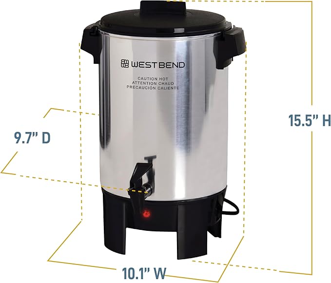 West Bend Coffee Urn Highly-Polished Aluminum Features Automatic Temperature Control with Cup Per Minute Brewing and Easy Clean Up Includes In-Basket Measuring Guide and Ready Light 30-Cup Silver