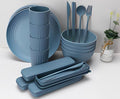 Wheat Straw Bowls Cups And Plates 32-Piece Cutlery Set Wheat Straw Dinnerware Sets 32 Piece Unbreakable Wheat Straw Dinnerware Sets Reusable Wheat Straw Plates And Bowls Sets (Blue)