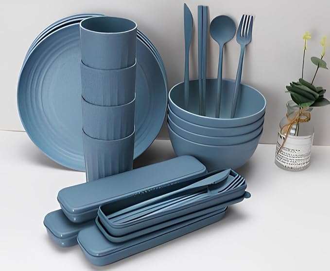 Wheat Straw Bowls Cups And Plates 32-Piece Cutlery Set Wheat Straw Dinnerware Sets 32 Piece Unbreakable Wheat Straw Dinnerware Sets Reusable Wheat Straw Plates And Bowls Sets (Blue)