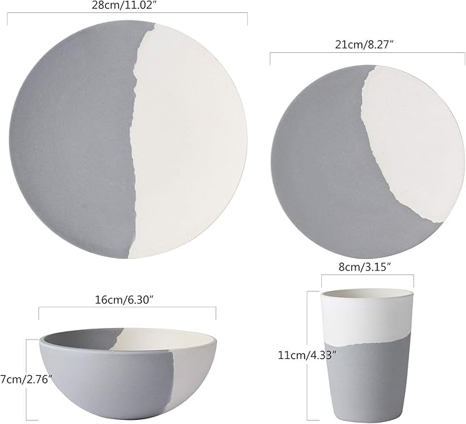 MORGIANA 8 pcs Bamboo Dinnerware Set Reusable Plates Bowls Sets Camping Picnic Dishes Tableware Set for 2 (Grey &amp White)