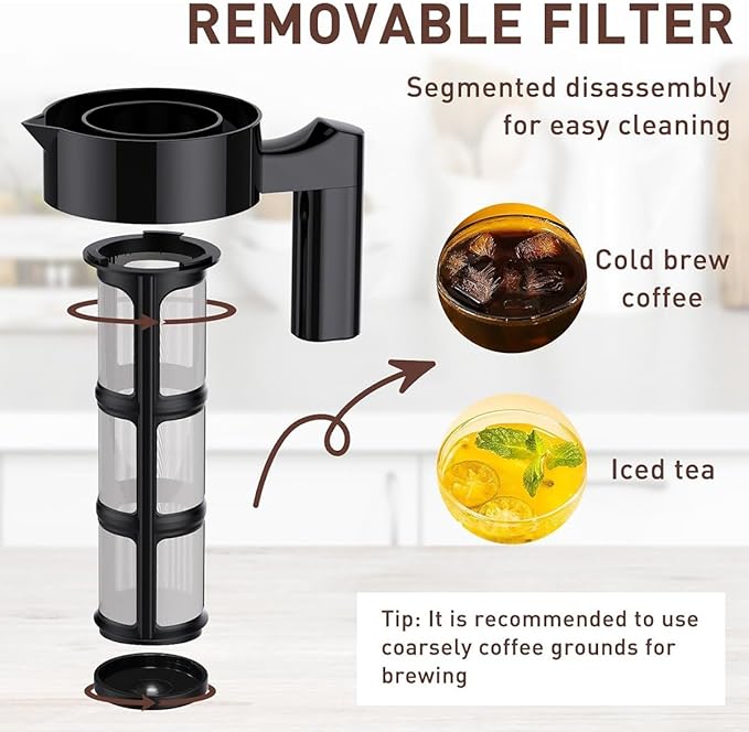 Cold Brew Coffee Maker 40 Oz Iced Coffee Pitcher with Mesh Filter Glass Ice Coffee Making Jug for Fridge Black Easy to Use 1300ML 24.5 X 10cm