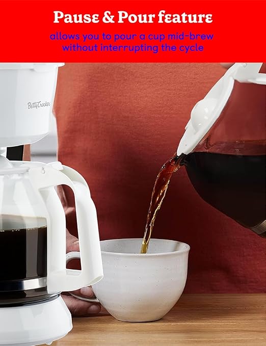Betty Crocker 12-Cup Drip Coffee Maker with Heat Resistant Glass Carafe Removable Permanent Nylon Filter Pause &amp Pour Water Level Gauge Non-Stick Warming Plate BC-5729W White